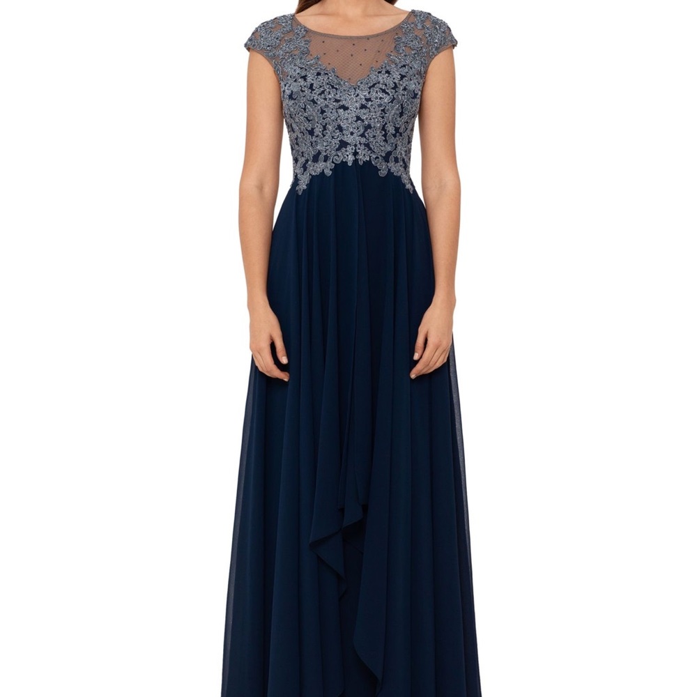 Xscape blue lace short sleeve illusion chiffon navy maxi gown dress